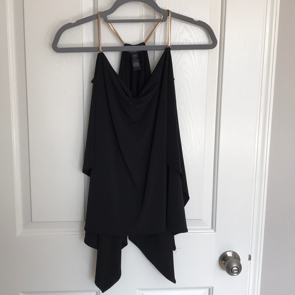 Express XS Black Flowy Top With Gold Strap Accents